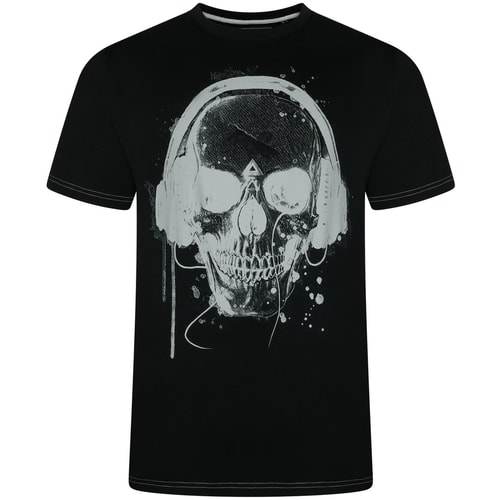 KAM Totenkopf-Kopfhörer-Print-T-Shirt Schwarz